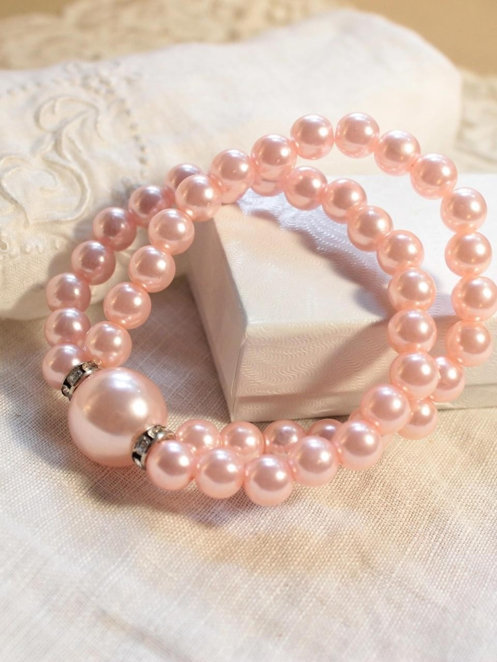 Pink Faux Pearl Double Strand Bracelet with Accent Bead
